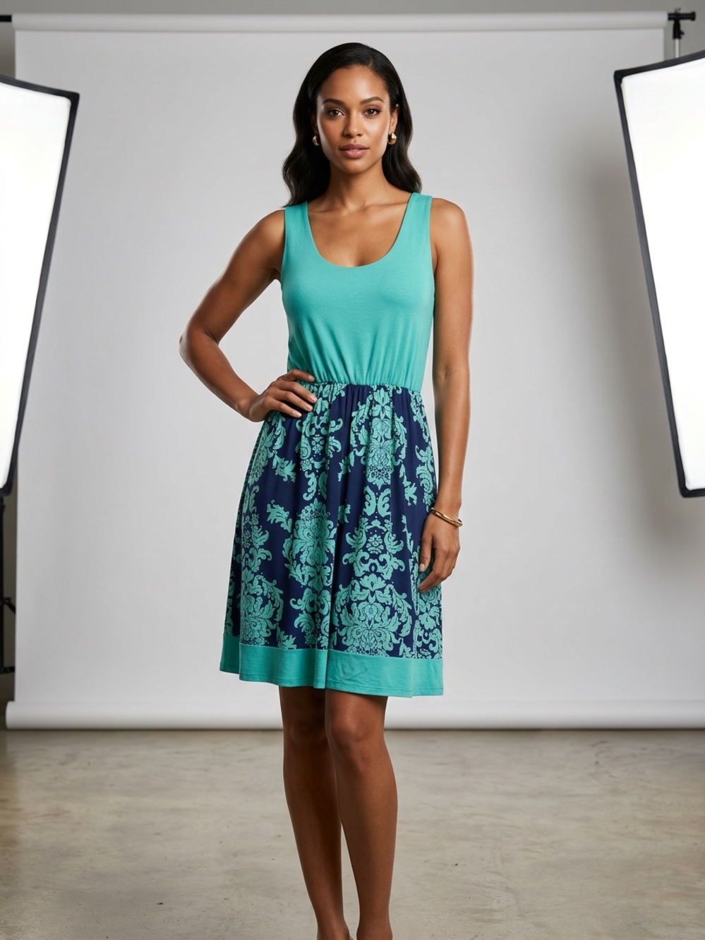 Sleeveless Teal & Navy Patterned Skater Dress